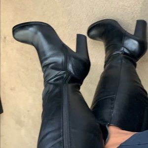 Leather stacked heel over the knee black boots